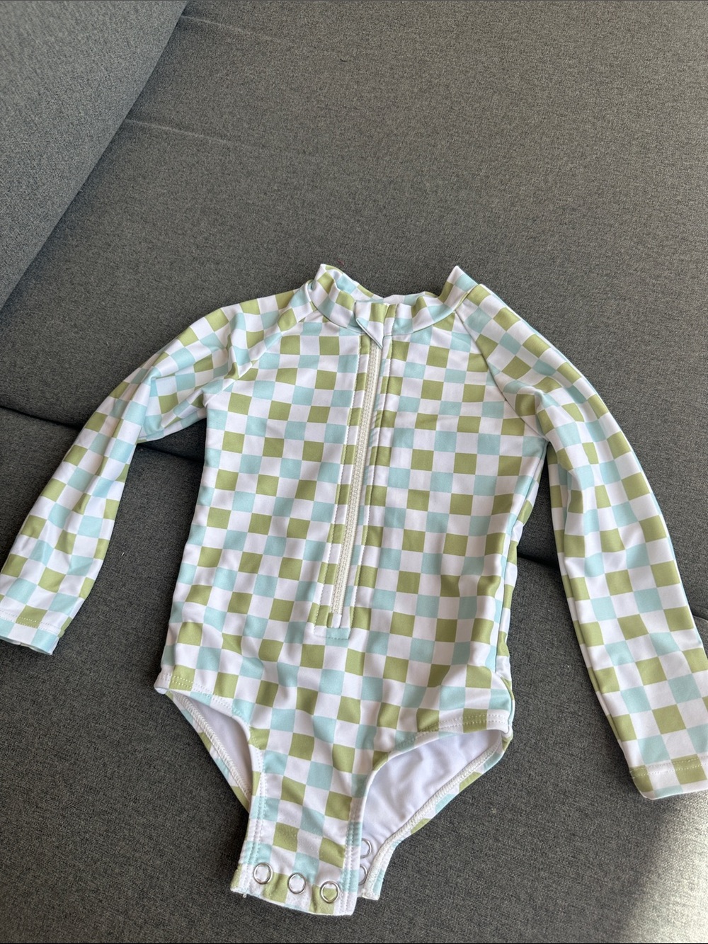Long-Sleeve Checkered Kids One-Piece Swimsuit - Green/White